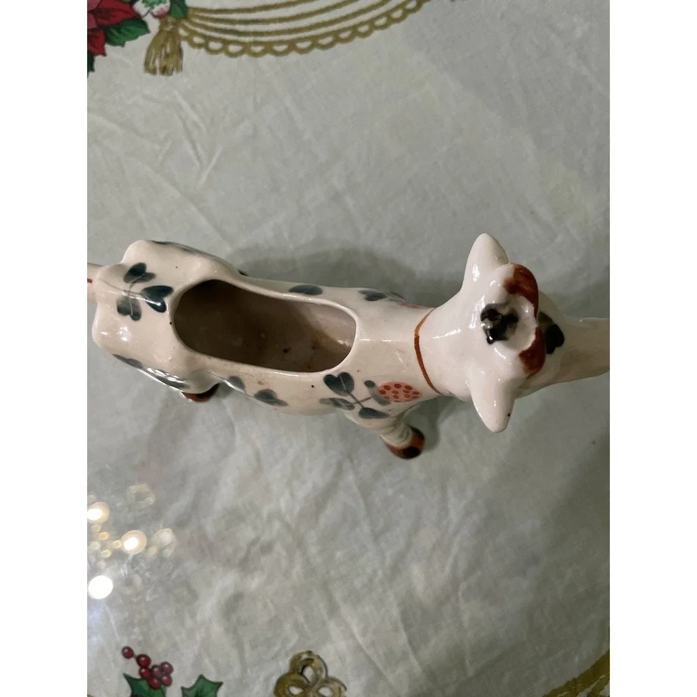 Ceramic‎ Cow Shaped Creamer Clover Design With Tail Handle Farm Green Vintage